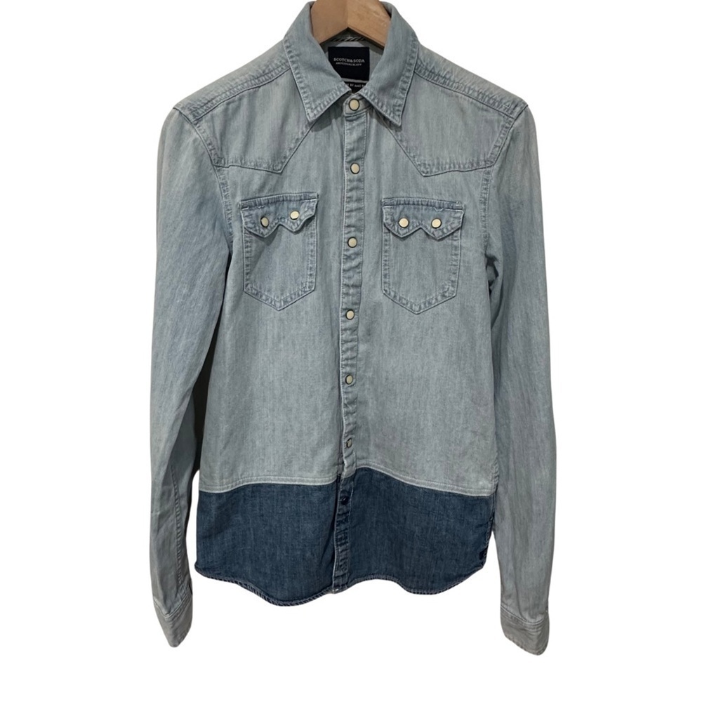 Scotch & Soda AMS BLAUW Sawtooth Snap Button Denim Shirt Small Blue Western READ